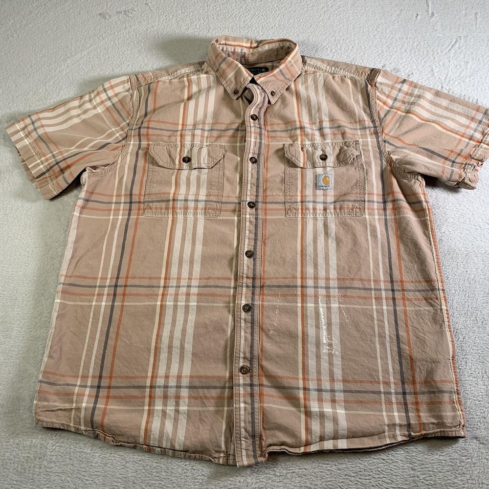 Carhartt Shirt Mens Large Beige Plaid Short Sleeve Button‎ Front Pockets FLAW